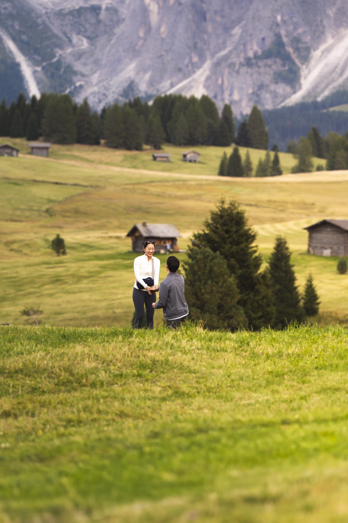 Maurice on one knee proposing to Sarah in a meadow at Alpe di Siusi, the Dolomites behind them